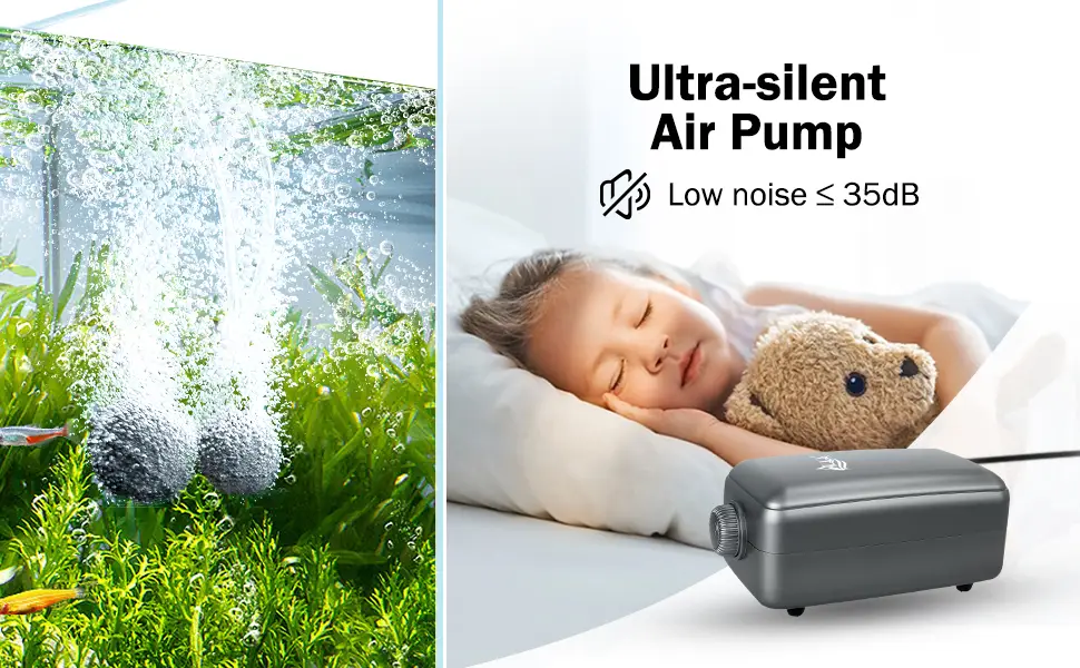 AQQA Aquarium Air Pump 35dB Extremely Quiet Aquarium Oxygen Pump with All Accessories for Aquariums up to 50-450L (3W) - Aquarium Luftpumpe
