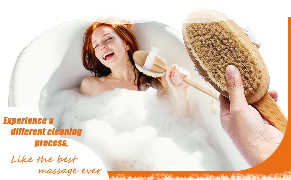 Bathing brush with a long stem back brush removable long handle 2x brush head body brush for removing showering scrubber natural bristle clean for body - rückenbürste mit langem stiel