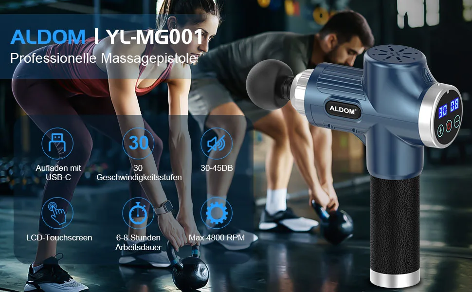 Massage gun aldom massage gun for neck shoulder back massage pistol with 8 massage heads and 30 adjustable speeds electrical massage device blue - product information 1