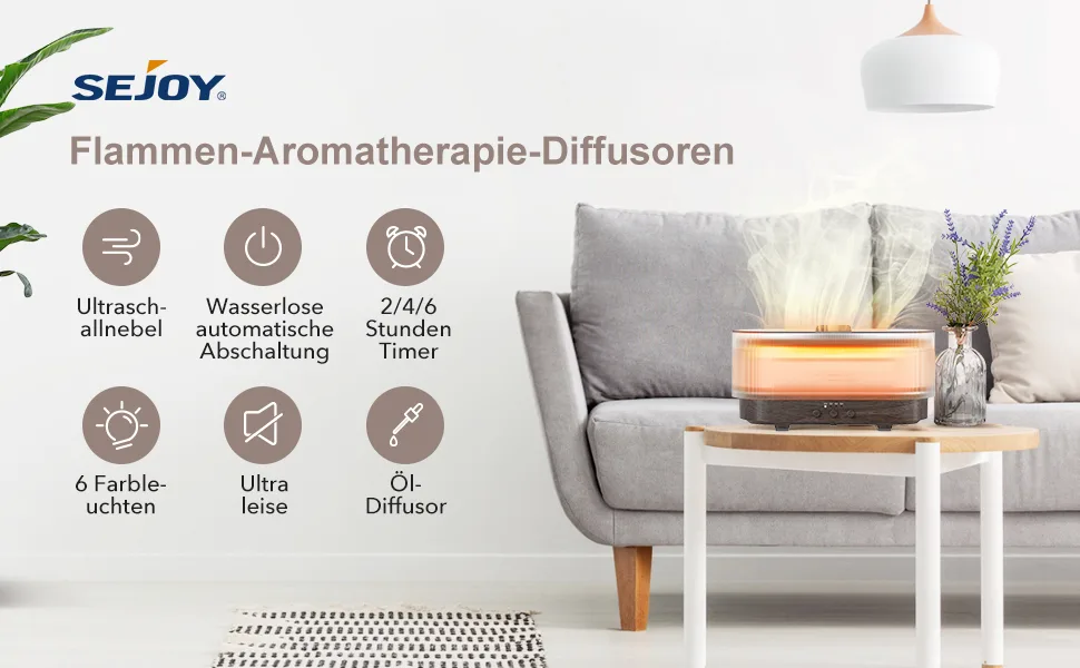 Flames aroma diffuser upgrade 6-color-light essential oils diffuser flame effect diffuser cooler fog humidifier at home office room fragrance or yoga-waterless automatic switch-off 300ml brown wood grain - Aromatherapie-Diffusor