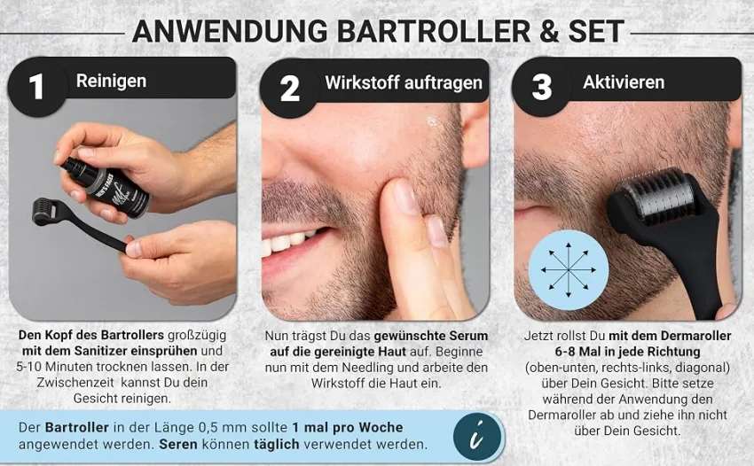 BART ROLLER 192 Real needles - Dermar roller 0.5mm for men - Accelerate beard growth & hair growth - Beard & Hair Growth Bart Care - Roller lets Bart & Hair grow faster - Men s Faces Dermar roller/bar scooter 0.5 mm - Anwendung