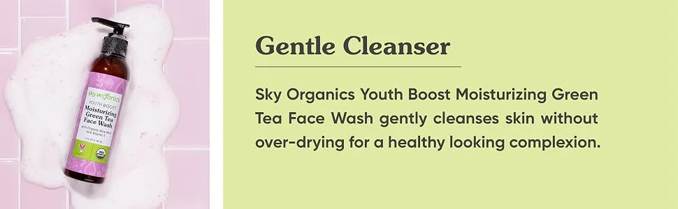 Sky Organics Youth Boost Moisturizing Green Tea Face Wash with Organic Aloe Vera and Vitamin E  6 fl oz (180 ml) - GENTLE CLEANSER