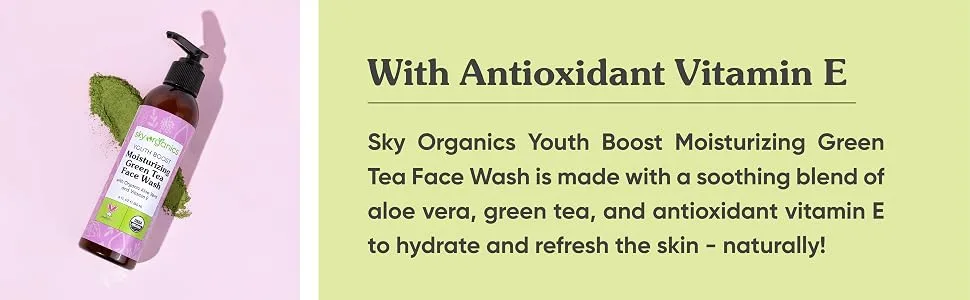Sky Organics Youth Boost Moisturizing Green Tea Face Wash with Organic Aloe Vera and Vitamin E  6 fl oz (180 ml) - WITH ANTIOXIDANT VITAMIN E