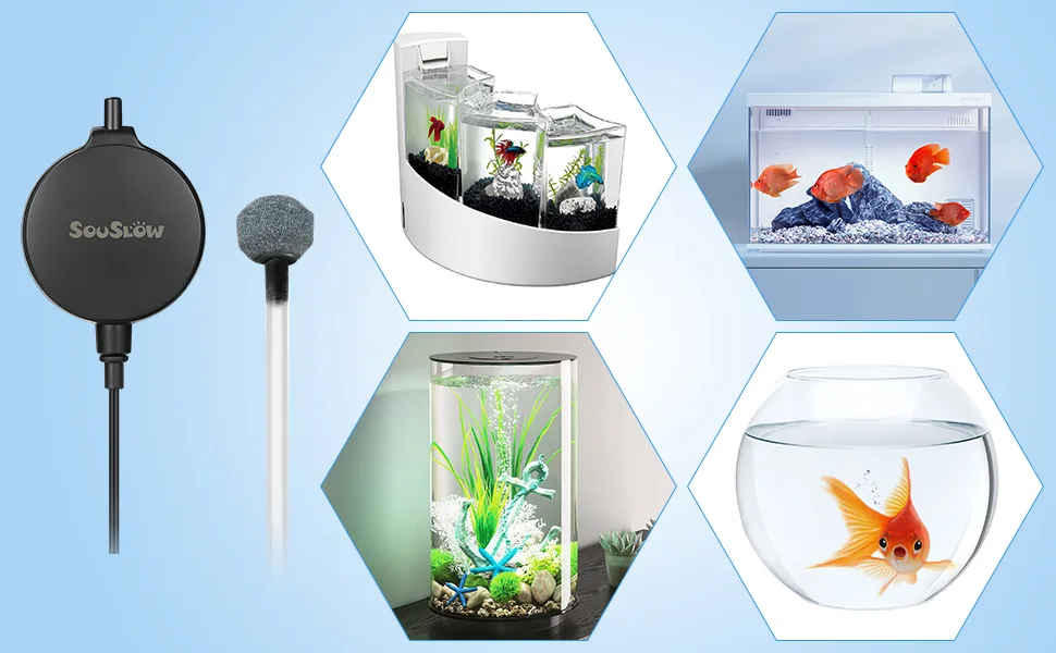 SOUSLOW Aquarium Air Pump Mini Air Pump Oxygen with Bubble Stone and Check Valve 1.3 W 0.45L/H - Luftpumpe Aquarium