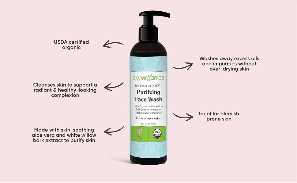 Sky Organics Blemish Control Purifying Face Wash with Organic White Willow Bark Extract 6 fl oz (180 ml) - BCWASH