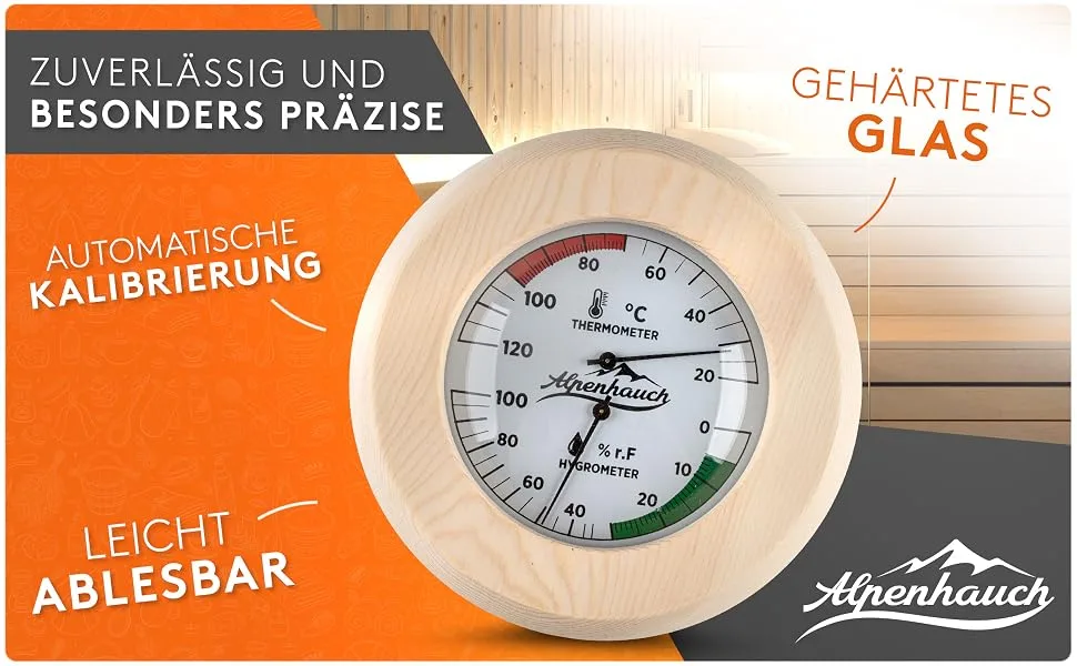 ALPENHAUCH Sauna Thermometer Hygrometer Wood 2in1 Function - Particularly precise sauna thermometer with tempered glass - Automatic calibration - Elegant sauna accessories - Hygrometer Thermometer Sauna - Sauna Thermo