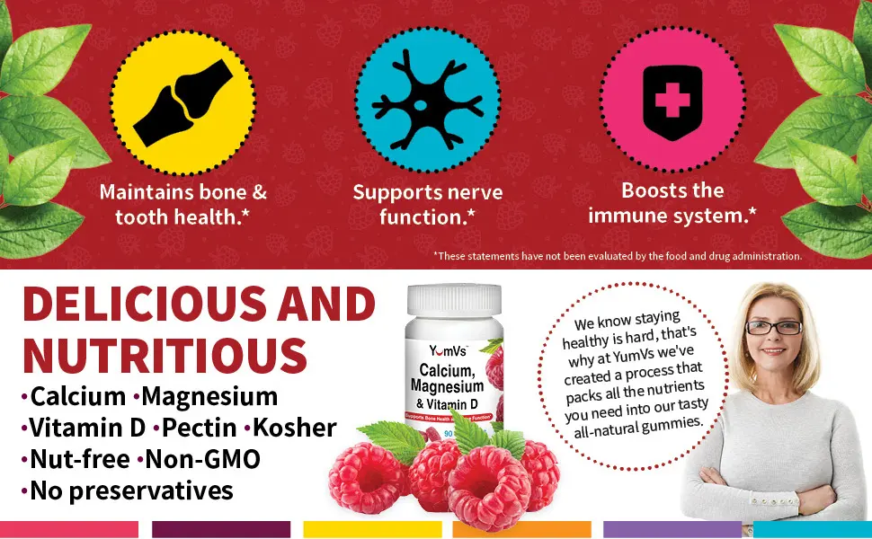 YumV's Calcium Magnesium & Vitamin D Raspberry 90 Gummies - Delicious nutritious