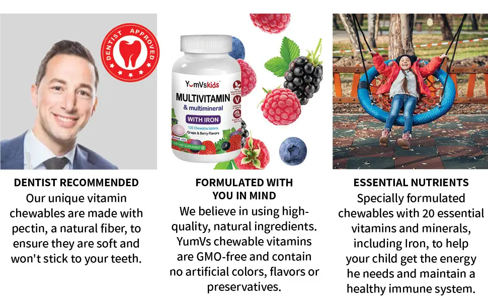 YumV's Multivitamin & Multimineral With Iron Grape & Berry 120 Chewable Tablets - RECOMMENDED DENTIST