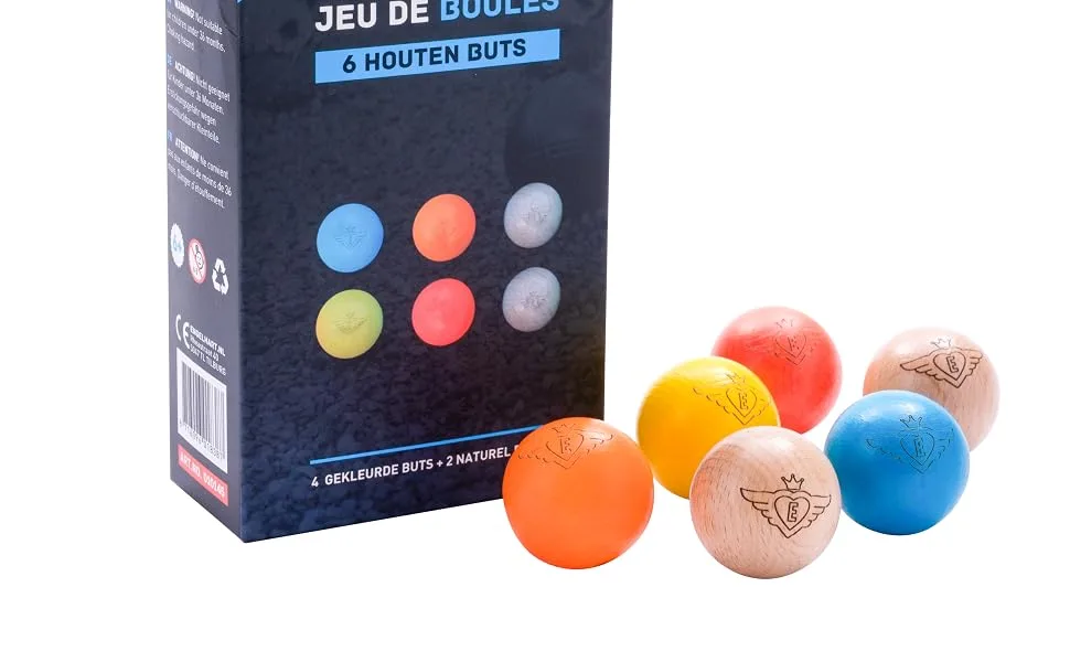 Engelhart - 2 natural and 4 beautiful colorful wooden target balls for boules game - 30 mm - 10 grams - 010145