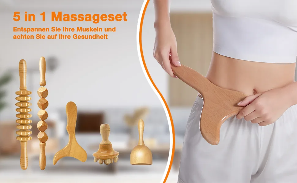 Set of 5 wooden set massager roller cellulite lymph drainage device for maderotherapy set wood therapy tool with box - product information 1