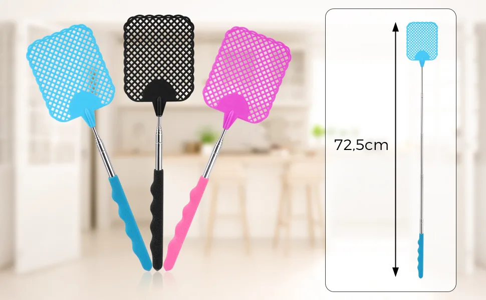 Flying swatter 3 pieces flaps pull -out pest control with integrated mosquito scrap for used to ward off fly wasps mosquitoes and other insects (black blue pink) - Fliegenklatsche Ausziehbar