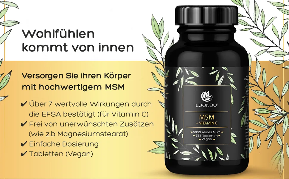 Luondu MSM 2000mg with vitamin C per daily dose - 365 msm tablets high dose - MSM sulfur tablets - MSM highly dose vegan & without additives - hochdosiert MSM