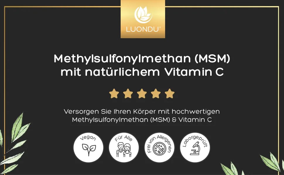 Luondu MSM 2000mg with vitamin C per daily dose - 365 msm tablets high dose - MSM sulfur tablets - MSM highly dose vegan & without additives - MSM + Vitamin C