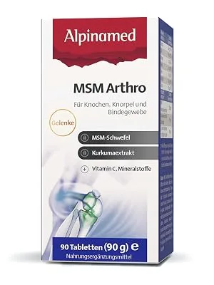 Alpinamed MSM arthro: nutrient source with increased joint load for bones cartilage connective tissue high-dose MSM sulfur 99% pure 90 tablet. Turmeric extract vitamin C important minerals - product information 1
