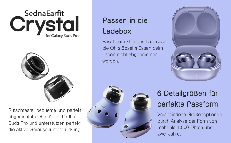 AZLA SednaEarfit Crystal for Buds Pro / 3 Pairs (Size MS/M/ML 3Pr) - Buds Pro, perfekte Passform