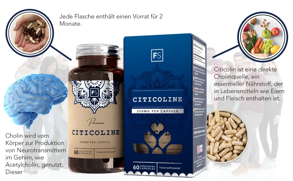 FS Citicoline |60 capsules choline high -dose - 250mg citicolin per portion |Cholin extract CDP cholin |Genetic engineering gluten milk and allergen-free |Made in Great Britain - Citicolin