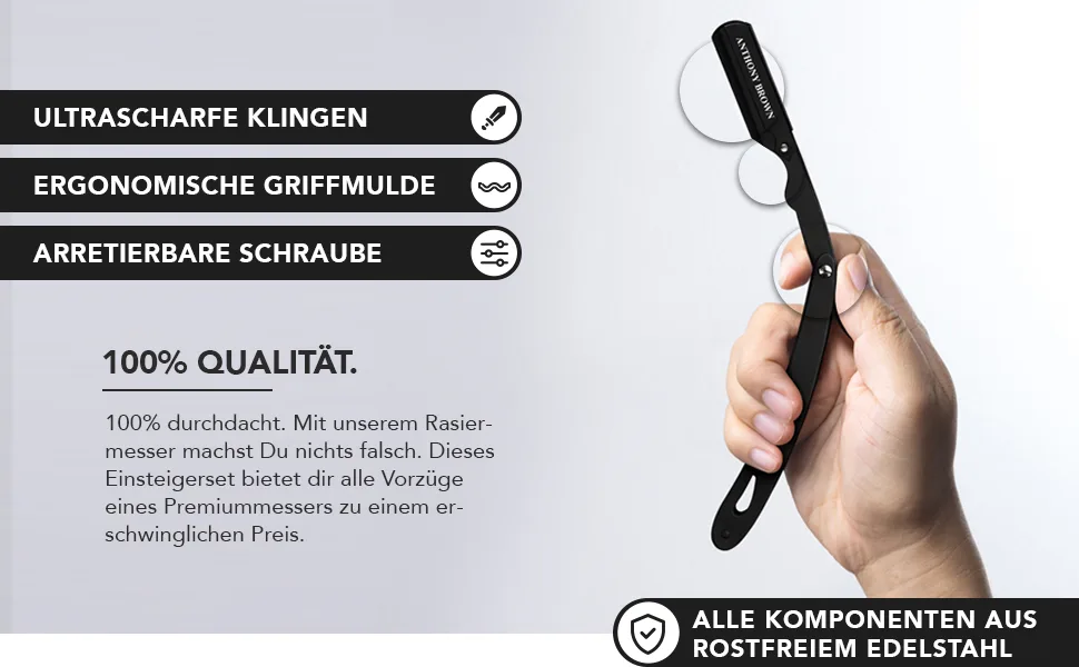 Anthony Brown razor in black or silver - unique blade head for more precision - with changing blades and etui - razor set (black) - Anthony Brown - Rasiermesser schwarz