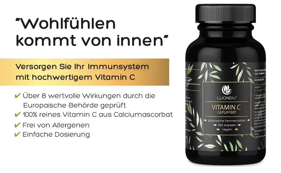 Luondu vitamin C buffered 1000mg per daily dose 365 capsules high vegan - buffered vitamin C made of vegetable fermentation - Made in DE - Luondu Vitamin C