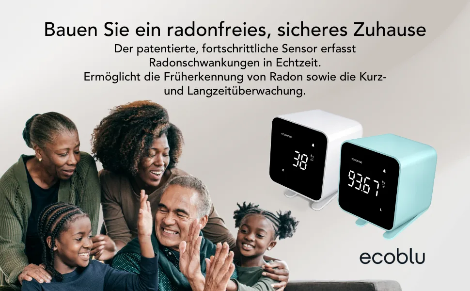 Ecosense EB100 Ecoblu home radond detector recording and displaying results every 10 minutes short and long-term continuous monitoring easy to use white - DE-EB100-INTRO