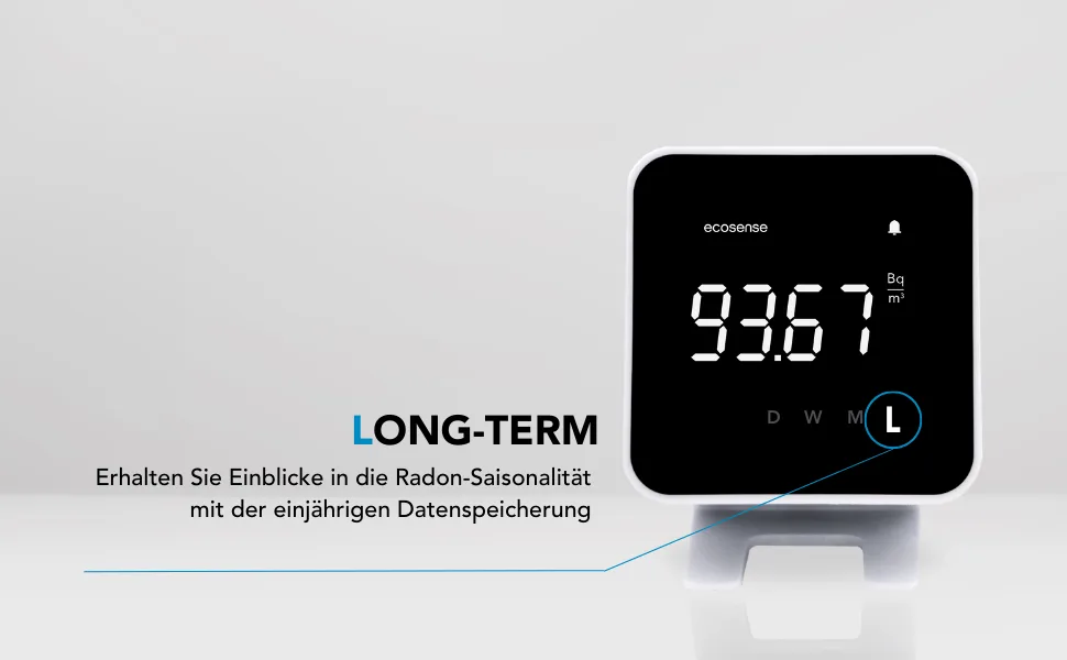 Ecosense EB100 Ecoblu home radond detector recording and displaying results every 10 minutes short and long-term continuous monitoring easy to use white - DE-EB100-long-term