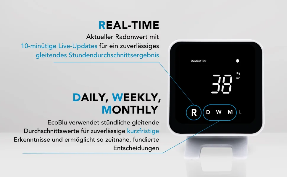 Ecosense EB100 Ecoblu home radond detector recording and displaying results every 10 minutes short and long-term continuous monitoring easy to use white - DE-EB100-short-term
