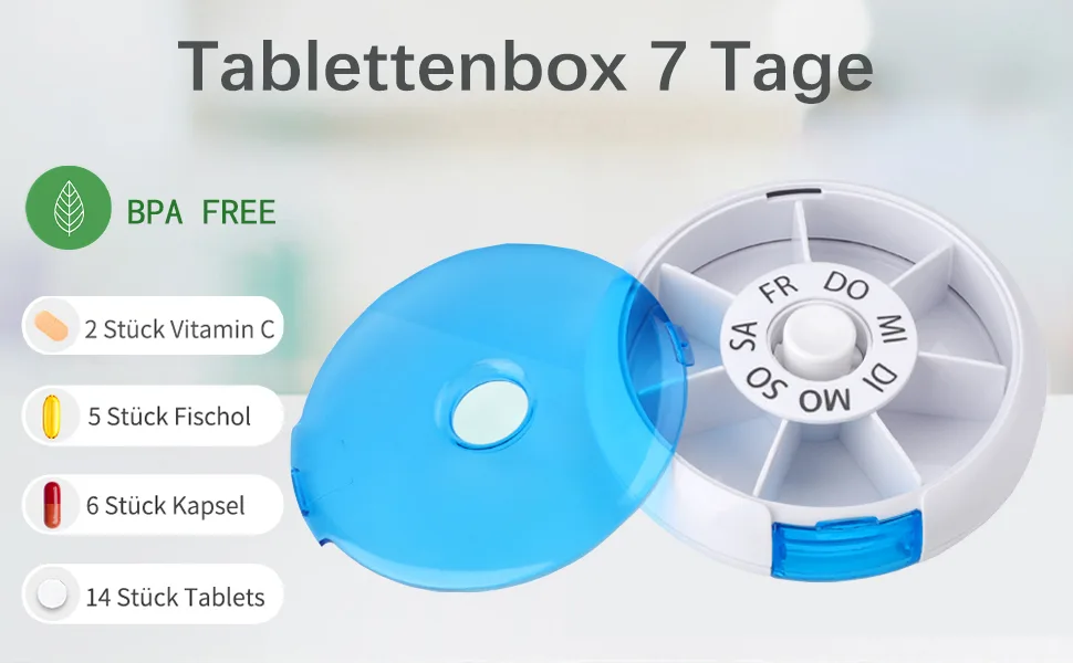 Kafeiya Pill Box Portable 7 Day Pill Box Rotating Pill Box for Vitamin and Medicine Storage Blue - product information 2