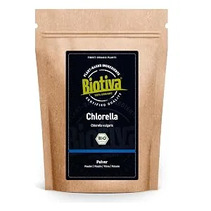 Biotiva chlorella powder bio 100g - chlorella vulgaris - 100% pure & natural - algae - for dogs animals and humans - bottled and controlled in Germany - Chlorella Pulver