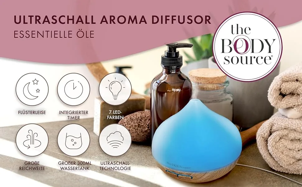 The body source 300ml ultrasound aroma diffuser - humidifier with 7 colors LED light and timer - Electric fragrance lamp for essential oils - aromatherapy for home office spa - aroma diffusor