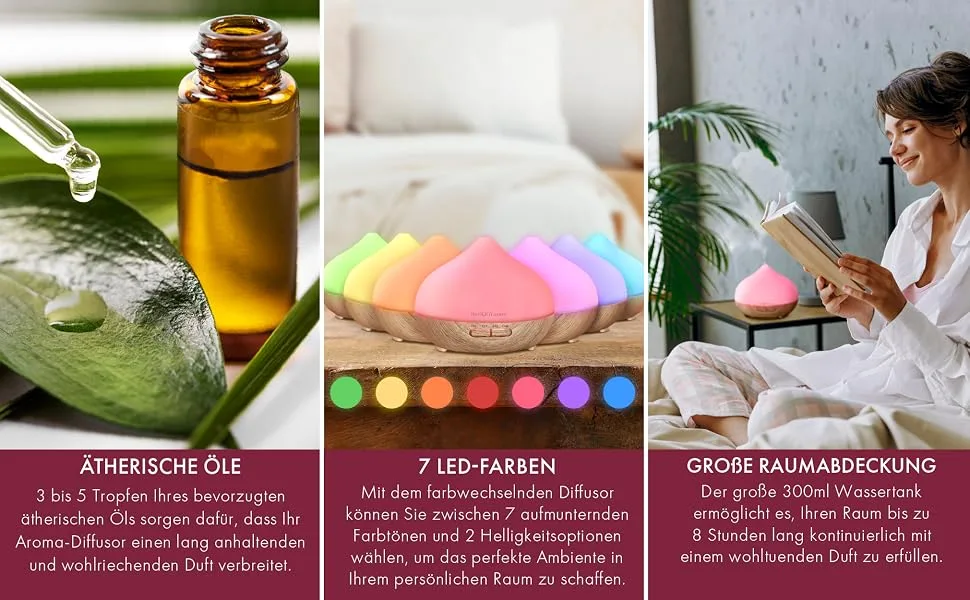 The body source 300ml ultrasound aroma diffuser - humidifier with 7 colors LED light and timer - Electric fragrance lamp for essential oils - aromatherapy for home office spa - oils