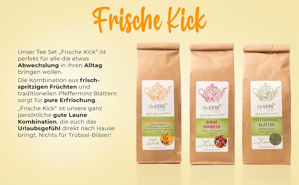Fresh Kick ApoVERE tea set 3x 100g | Peppermint pear-raspberry tropical sky | Premium loose tea | Refreshes and provides energy | - Frische Kick, Set Beschreibung