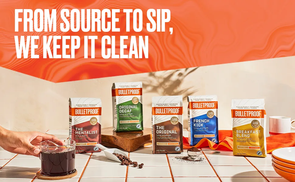 BulletProof Coffee The Original Medium Roast Ground 12 oz (340 g) - All 5 core coffee bags displayed on a kitchen counter