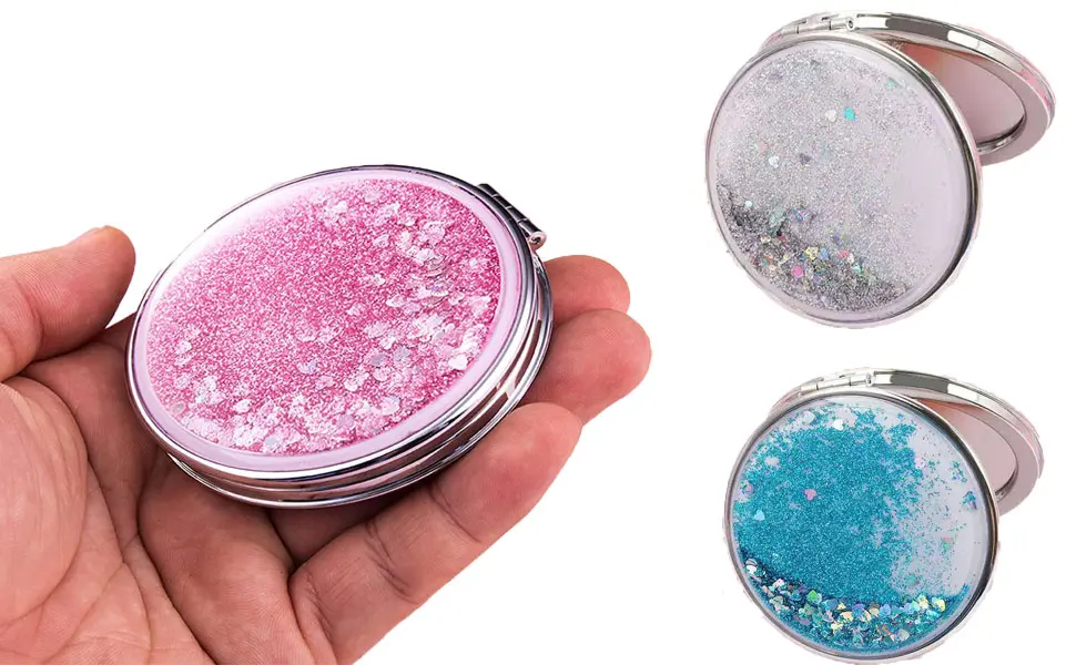3 pieces of double-sided folding mirror round make-up mirror pocket mirror Mini make-up mirror portable quicksand pocket mirror for forming - Doppelseitiger Klappspiegel