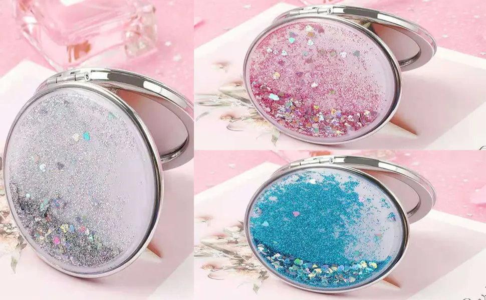 3 pieces of double-sided folding mirror round make-up mirror pocket mirror Mini make-up mirror portable quicksand pocket mirror for forming - Doppelseitiger Klappspiegel
