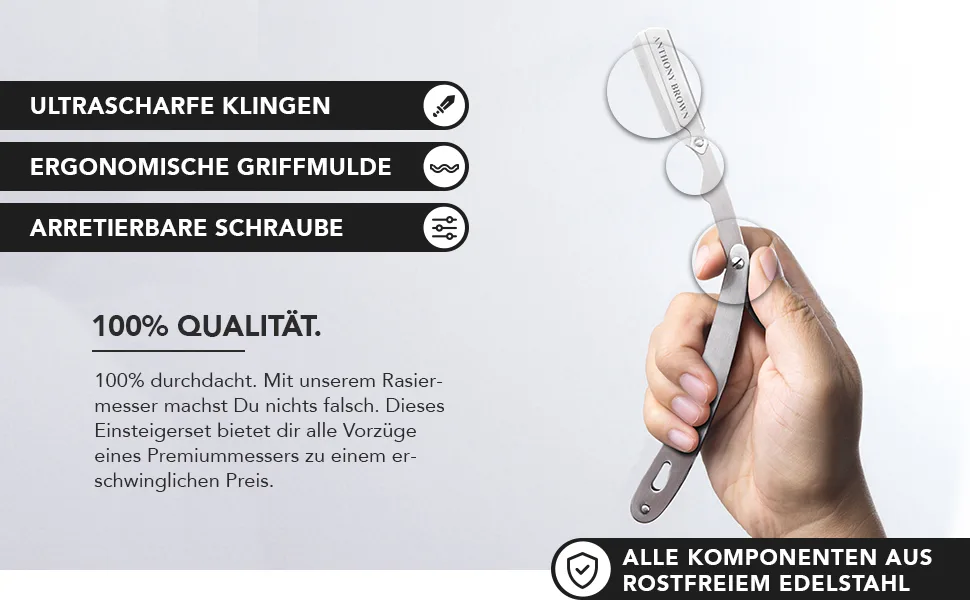 Anthony Brown razor in black or silver - unique blade head for more precision - with changing blades and etui - razor set (silver) - Anthony Brown - Rasiermesser silber