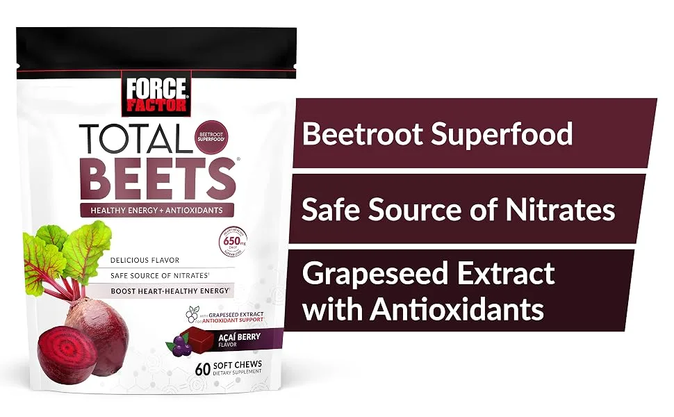 Force Factor Total Beets Healthy Energy + Antioxidants Acai Berry 325 mg 60 Chews - Beetroot superfood, safe source of nitrates, grapeseed extract with antioxidants