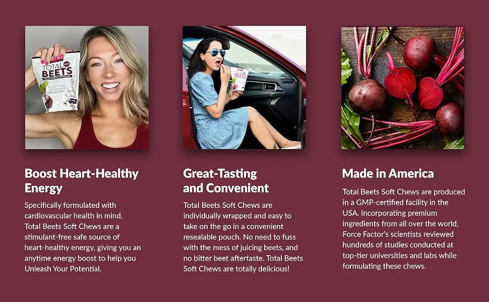 Force Factor Total Beets Healthy Energy + Antioxidants Acai Berry 325 mg 60 Chews - Boost Heart-Healthy Energy, Great-Tasting and Convenient, Made in America