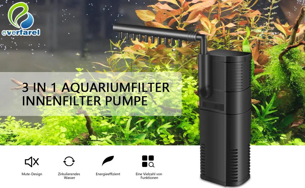 everfarel Aquarium Filter Internal Filter Internal Filter Pump with Spray Rod for Fish Tank 300L/450L/H 2W/6W (300L/H 2W) - pumpe