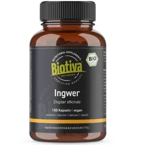 Ginger organic capsules 150 pieces - 400 mg per capsule - Zingiber officinale - guaranteed without additives - 100% vegan - bottled and controlled in Germany - Biotiva - Ingwer