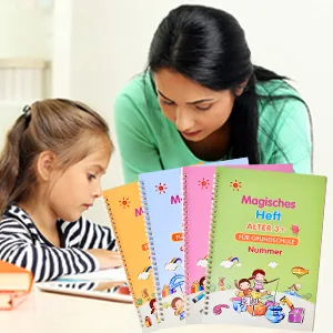 Qianshouyan 4 pieces German magical booklet exercise book with pen 26x18cm reusable handwriting for children calligraphy numbers drawing letters learn to write - schreiben lernen