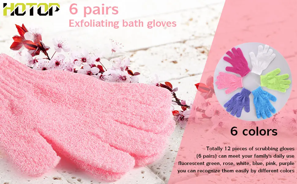 6 Pairs Double Sided Exfoliating Gloves Body Scrubbing Glove Bath Scrubs for Shower 6 Colors - product information 1