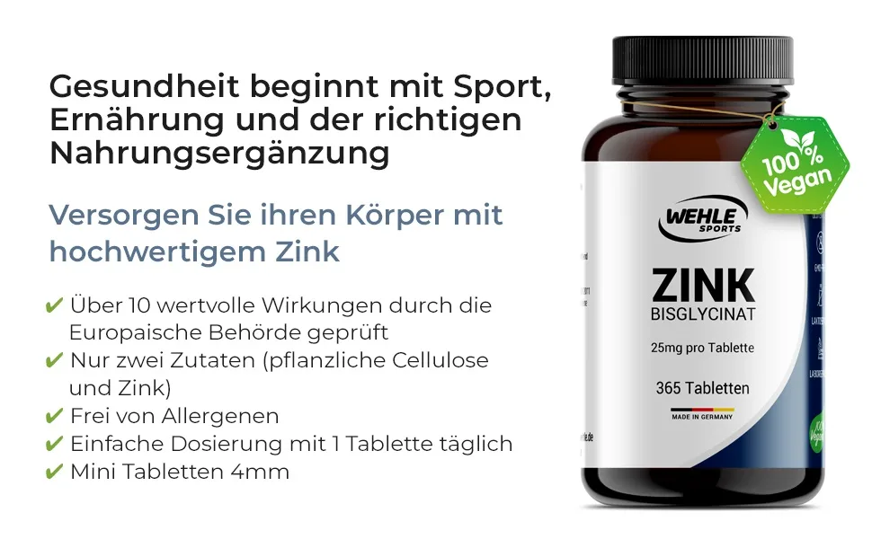 Wehle zinc tablets 365 zinc extra high dosage (25 mg per tablet) - premium zinc bisglycinate capsules - laboratory-tested vegan made in Germany - Zink Supplement