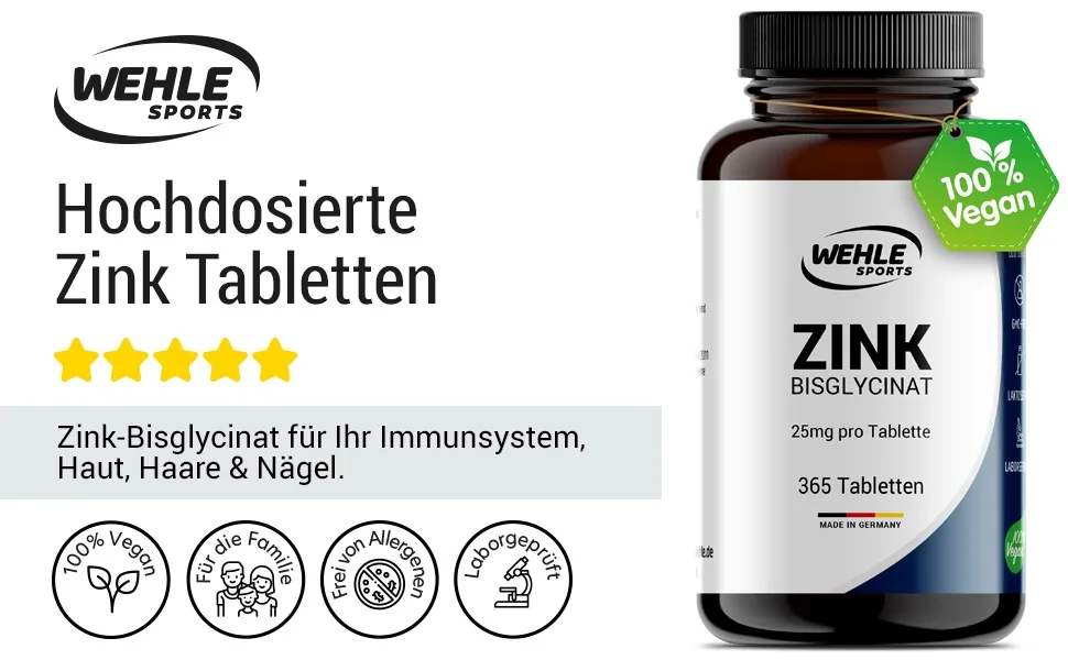 Wehle zinc tablets 365 zinc extra high dosage (25 mg per tablet) - premium zinc bisglycinate capsules - laboratory-tested vegan made in Germany - Zink Tabletten