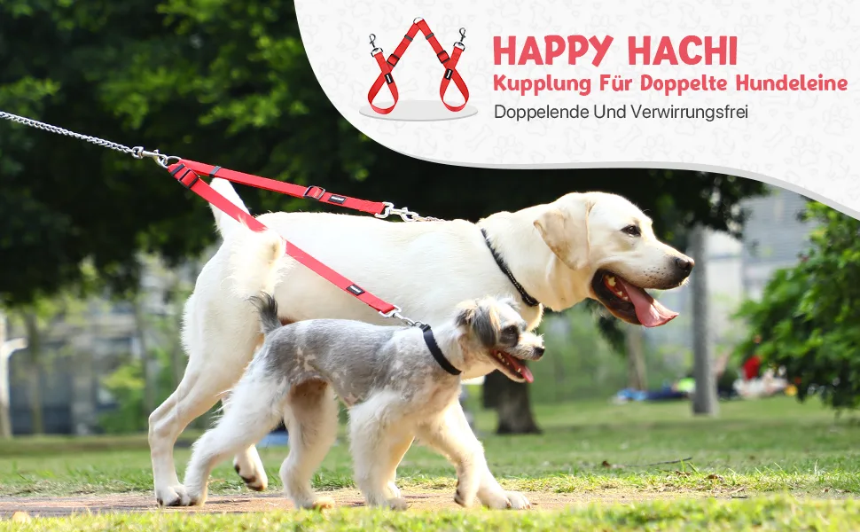 HAPPY HACHI Adjustable Double Dog Leash Coupler No Tangle Nylon Twin 2 Pet Trainer Leash Splitter S 33-50 cm Red - affa
