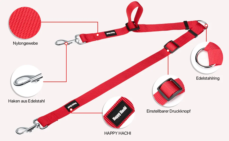 HAPPY HACHI Adjustable Double Dog Leash Coupler No Tangle Nylon Twin 2 Pet Trainer Leash Splitter S 33-50 cm Red - product information 2