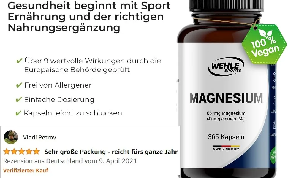 Magnesium 400mg capsules high -dosed - 365 pieces (1 year) 667mg per capsule including 400mg elementary magnesium I laboratory testing vegan - Wehle Sports - Magnesiumoxid