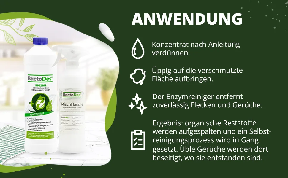 Bactodes - special odor neutralizer 2L concentrate with spray mixed bottle - universal enzyme cleaner with organic microbe effect - effective odor remover for all unpleasant smells - Anwendung