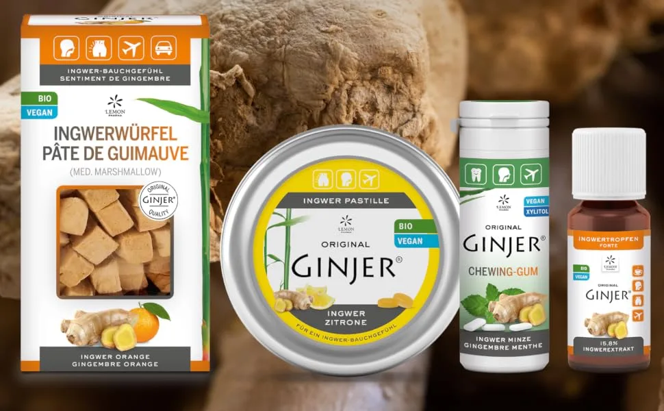 Original GINJER ginger drops from Lemon Pharma organic and vegan 20 ml perfect for ginger shots and tea - Original Ginjer Ingwer Lemon Pharma Ginger Pastillen Würfel Tropfen Tee Kaugummi