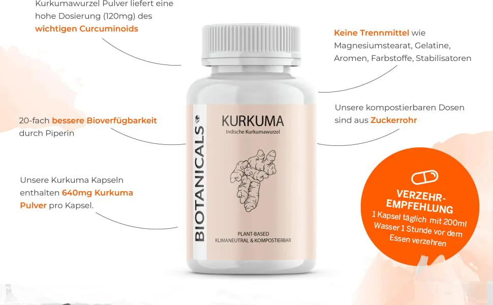 Biotanicals - Capsules (120 pieces) - curcuma extract and black pepper - with curcumin & piperine - vegan and without additives - kurkuma