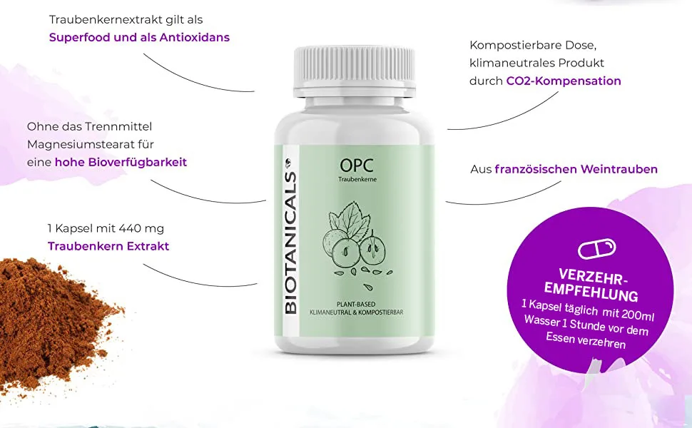 Biotanicals - OPC grape seed extract (150 capsules) - vegetable (OPC) grape seeds extract from French grapes - laboratory testing and vegan - product information 4