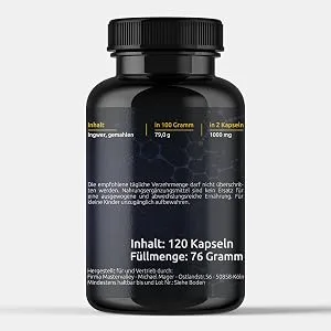 Ginger capsules |Ginger extract |High dose |1000 mg daily dose |Plant |Without additives |120 capsules |Made in Germany |Mastervalley - Inhalt und Angaben